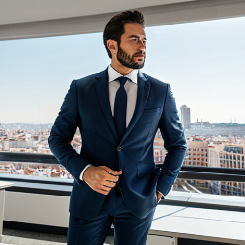 Home 11 **
"A professional architect, fully clothed in a tailored suit, standing in a bright, modern office with large windows overlooking a bustling Madrid cityscape, holding architectural plans, appropriate attire, safe for work, perfect anatomy, natural proportions, professional photography, high quality."
**