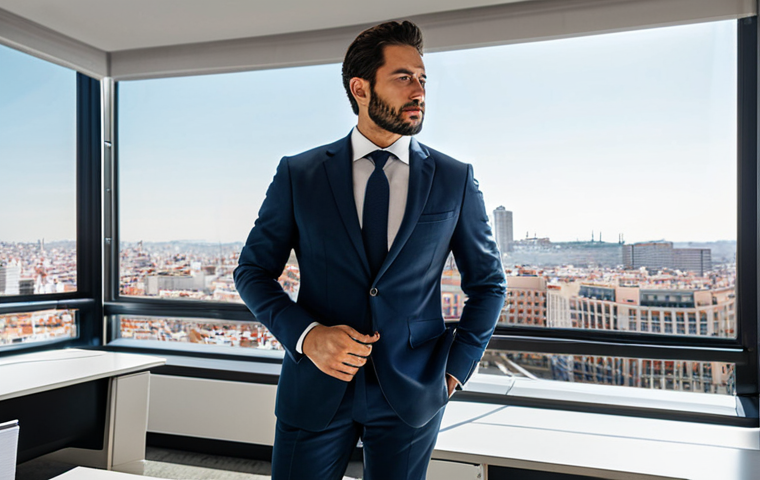 **

"A professional architect, fully clothed in a tailored suit, standing in a bright, modern office with large windows overlooking a bustling Madrid cityscape, holding architectural plans, appropriate attire, safe for work, perfect anatomy, natural proportions, professional photography, high quality."

**