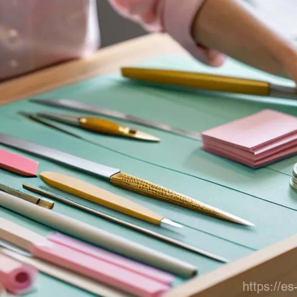 종이공예 도구 추천 - **Precision Cutting and Organized Workspace**
    A close-up, high-detail photograph of a female cra...