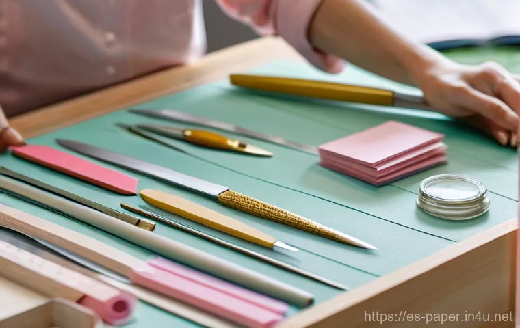 종이공예 도구 추천 - **Precision Cutting and Organized Workspace**
    A close-up, high-detail photograph of a female cra...