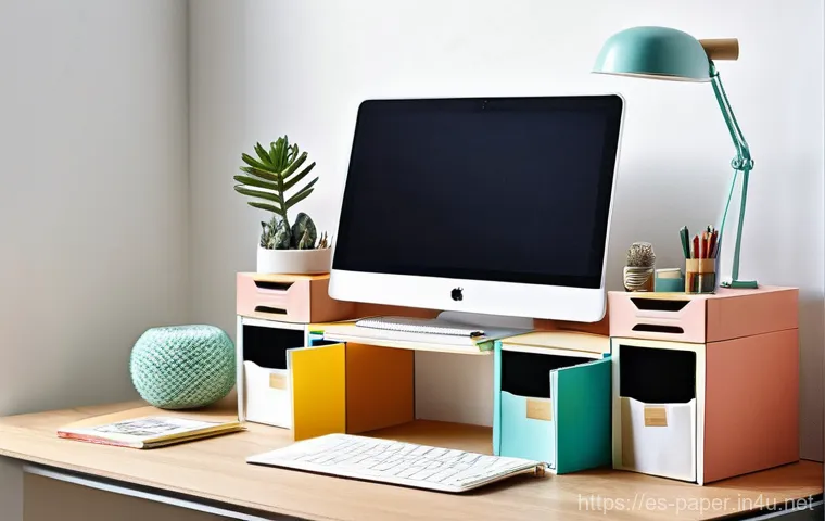 종이공예로 만드는 책상 소품 - **Prompt:** "A beautifully organized and brightly lit home office desk, bathed in soft, natural sunl...
