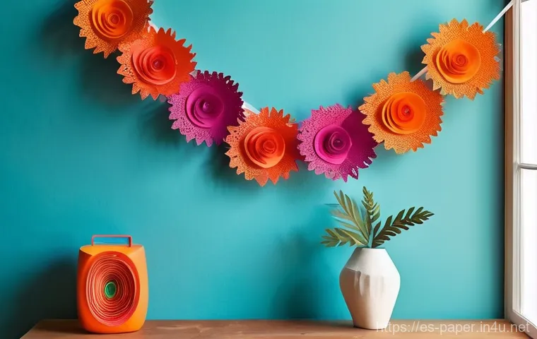 종이장식 기법 - **"A beautifully decorated cozy home studio corner, showcasing diverse paper art. A colorful, intric...