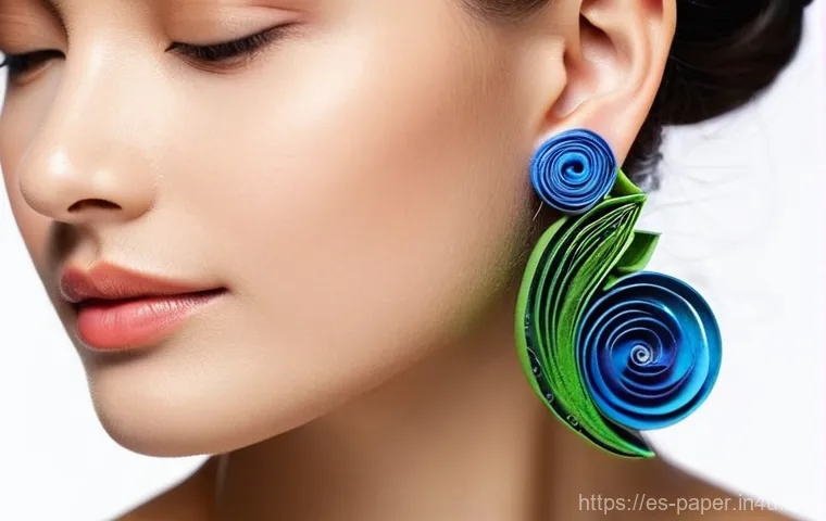 종이 공예로 액세서리 만들기 - **Prompt 1: Modern Quilling Art Earrings**
    A close-up shot of a stylish woman's ear and neck, sh...