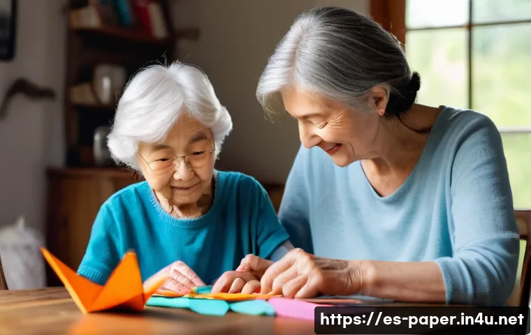 종이 조각 작품 만들기 - **Prompt:** A cozy, warmly lit scene featuring a grandmother and her young granddaughter (around 6-8...