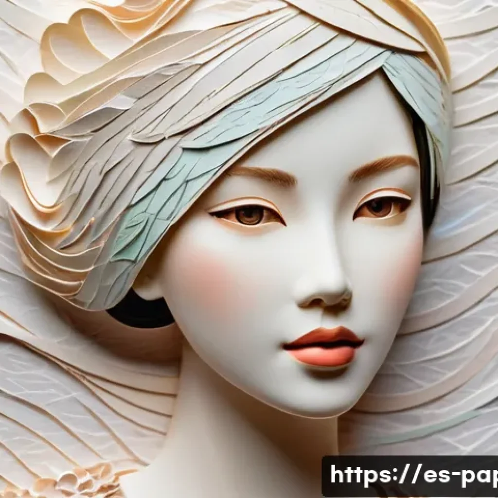 종이공예로 만드는 그림 - A detailed paper art portrait of a young woman wearing delicate layered clothing made from textured ...