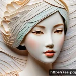 종이공예로 만드는 그림 - A detailed paper art portrait of a young woman wearing delicate layered clothing made from textured ...