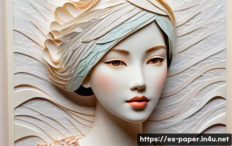 종이공예로 만드는 그림 - A detailed paper art portrait of a young woman wearing delicate layered clothing made from textured ...