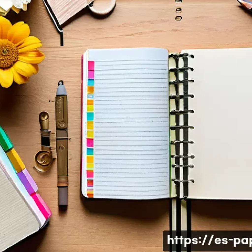 종이 다이어리 만들기 - A cozy writing desk setup featuring a spiral-bound journal with thick 90g textured paper, colorful w...