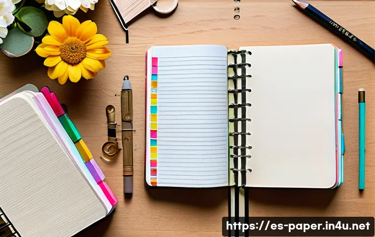 종이 다이어리 만들기 - A cozy writing desk setup featuring a spiral-bound journal with thick 90g textured paper, colorful w...