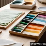 Home 20 종이공예 브랜드 - A close-up scene of a creative artisan’s workspace featuring a variety of handmade papers with disti...