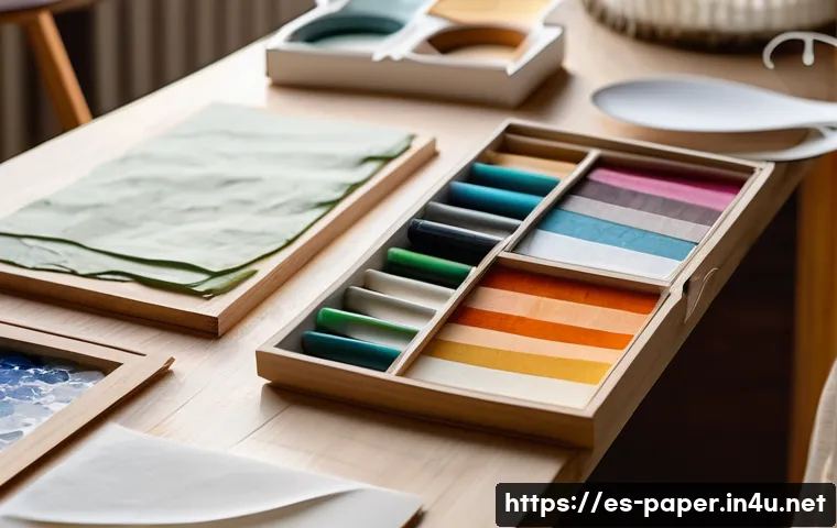 종이공예 브랜드 - A close-up scene of a creative artisan’s workspace featuring a variety of handmade papers with disti...