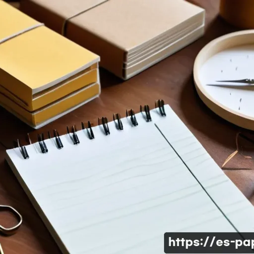 종이로 만드는 수첩 - A cozy artisanal notebook workspace scene featuring recycled paper with visible texture, cotton pape...