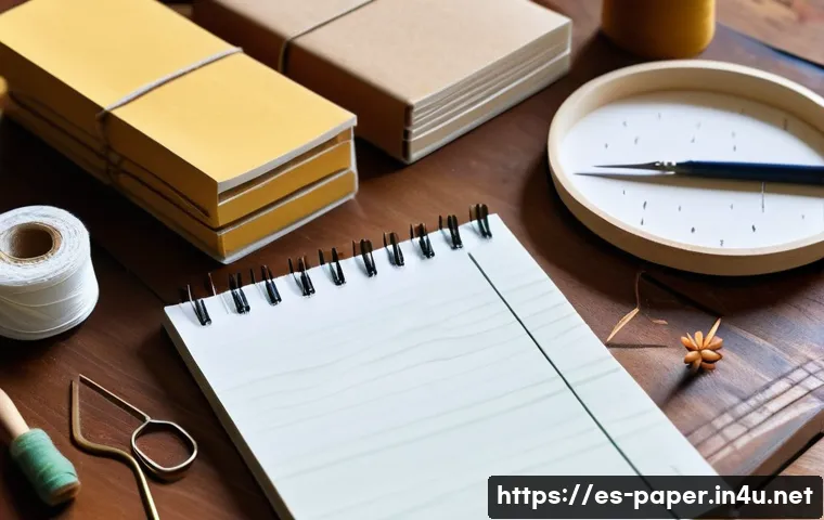 종이로 만드는 수첩 - A cozy artisanal notebook workspace scene featuring recycled paper with visible texture, cotton pape...