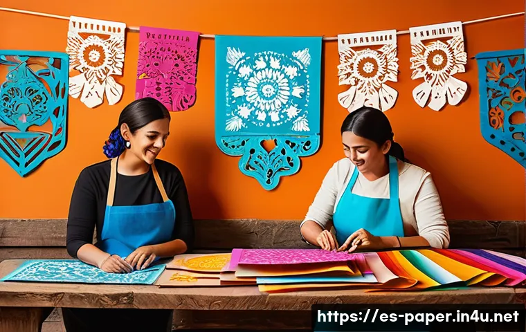 종이공예 아티스트 인터뷰 - A vibrant Mexican artisan workshop scene showcasing traditional papel picado banners with intricate ...