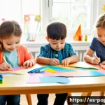 Home 23 종이공예로 아이들 놀잇감 만들기 - A bright and colorful children’s craft table filled with vibrant construction paper, rounded-tip sci...