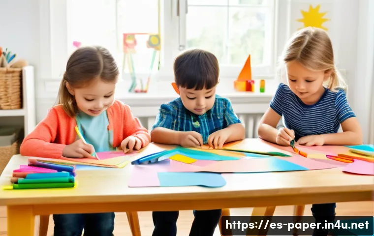 종이공예로 아이들 놀잇감 만들기 - A bright and colorful children’s craft table filled with vibrant construction paper, rounded-tip sci...