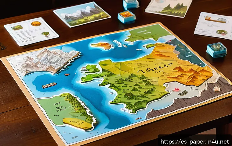 종이로 만든 게임 소품 - A cozy tabletop role-playing game scene featuring handcrafted paper accessories: a detailed foldable...