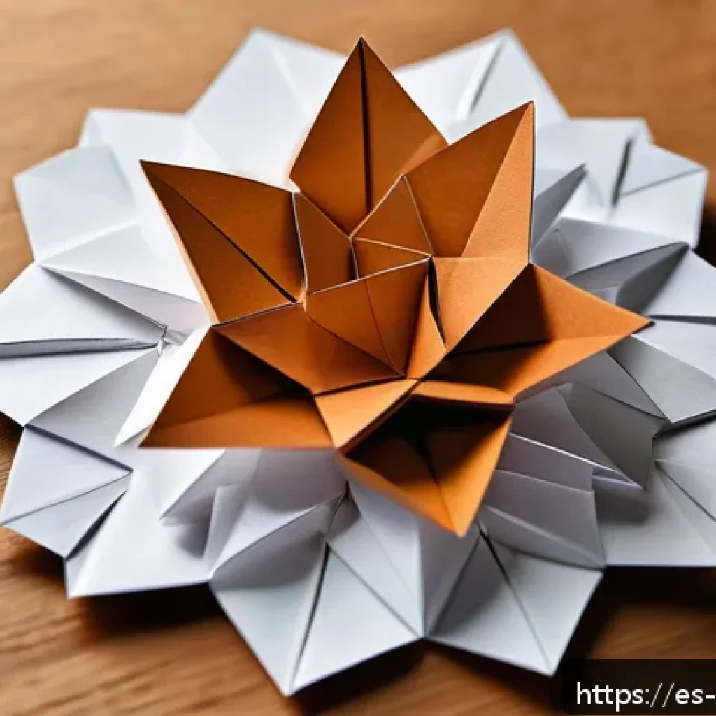 종이로 만드는 예술 작품 - A detailed close-up of an intricate paper sculpture made from layered kraft and origami paper, showc...