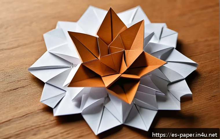 종이로 만드는 예술 작품 - A detailed close-up of an intricate paper sculpture made from layered kraft and origami paper, showc...