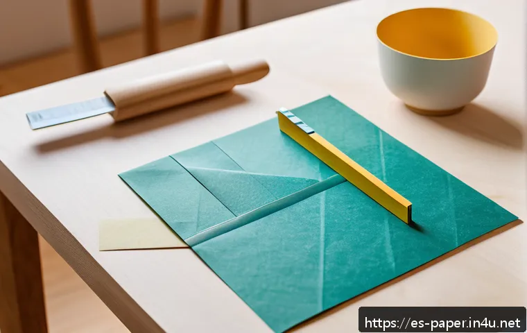 종이공예 팁과 트릭 - A serene workspace for origami crafting in a bright room with natural light, featuring a clean, flat...
