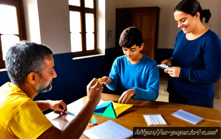 종이공예 교육 - Photorealistic paper craft education workshop in a bright community classroom in Madrid, an adult in...