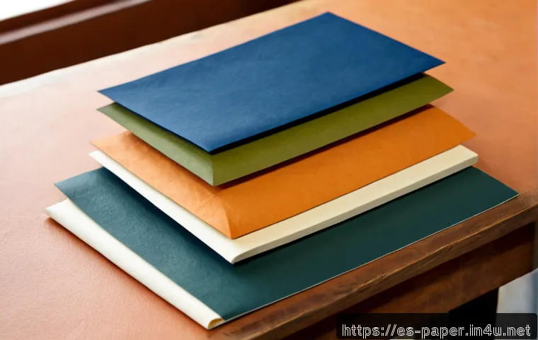 Home 17 종이의 색상과 질감 - Photorealistic close-up still life comparing richly colored handmade paper sheets in warm terracotta...