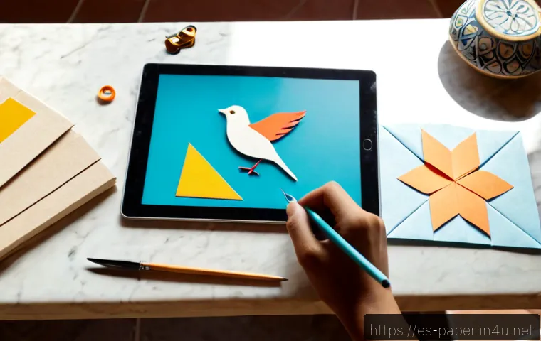 디지털 종이공예 - Photorealistic overhead view of a Spanish home craft desk, a tablet displaying a colorful digital pa...
