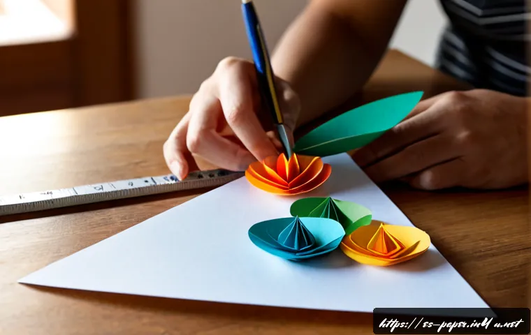 Home 17 종이조형 기술 - Photorealistic close-up of skilled hands creating intricate paper sculpture techniques, carefully fo...